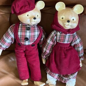ROC Vtg 2 Porcelain Face Bear Dolls Overalls & Gown w/ Scarf BEAR DOLLS 11"